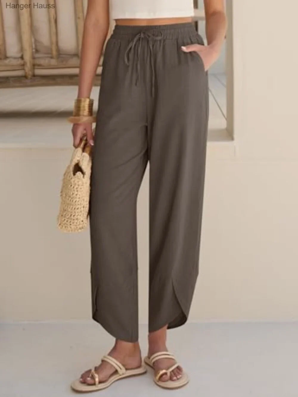 Wide Leg Palazzo Pants Cropped Capris Drawstring Waist Rayon Linen Casual - Picture 2 of 7